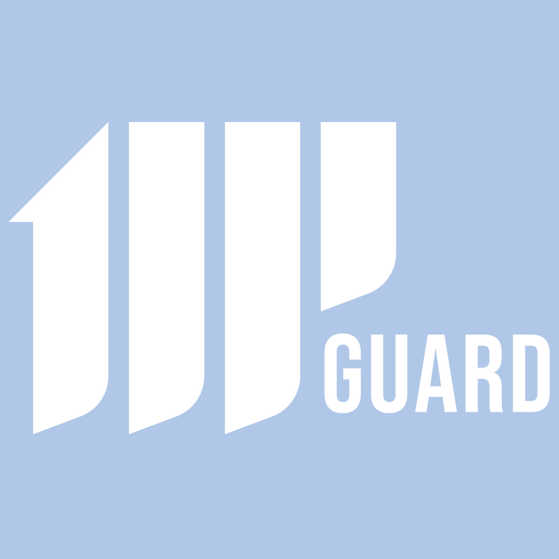 White '1UP GUARD' logo on a light blue background