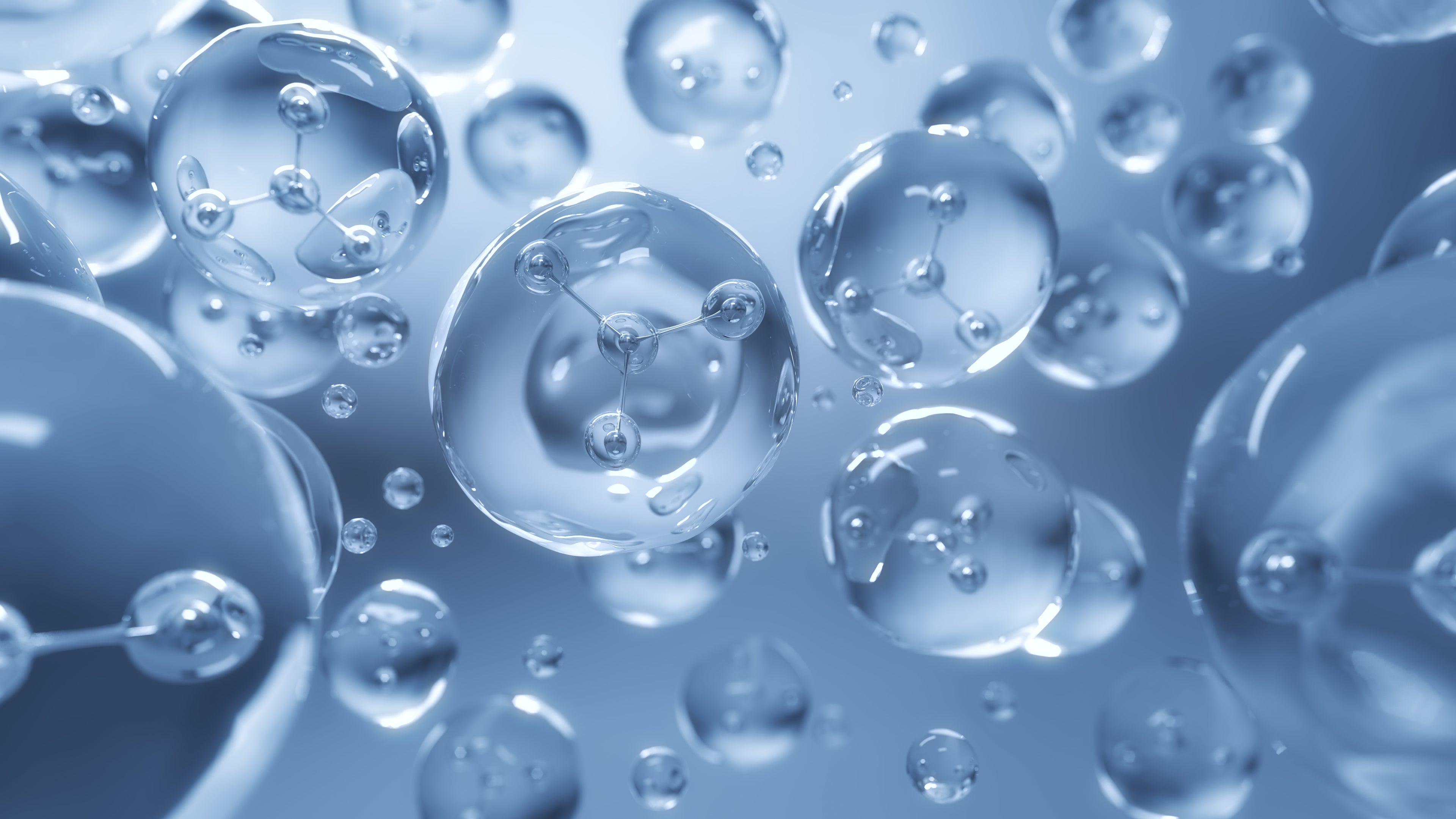Close-up abstract of floating water molecules in a scientific illustration.