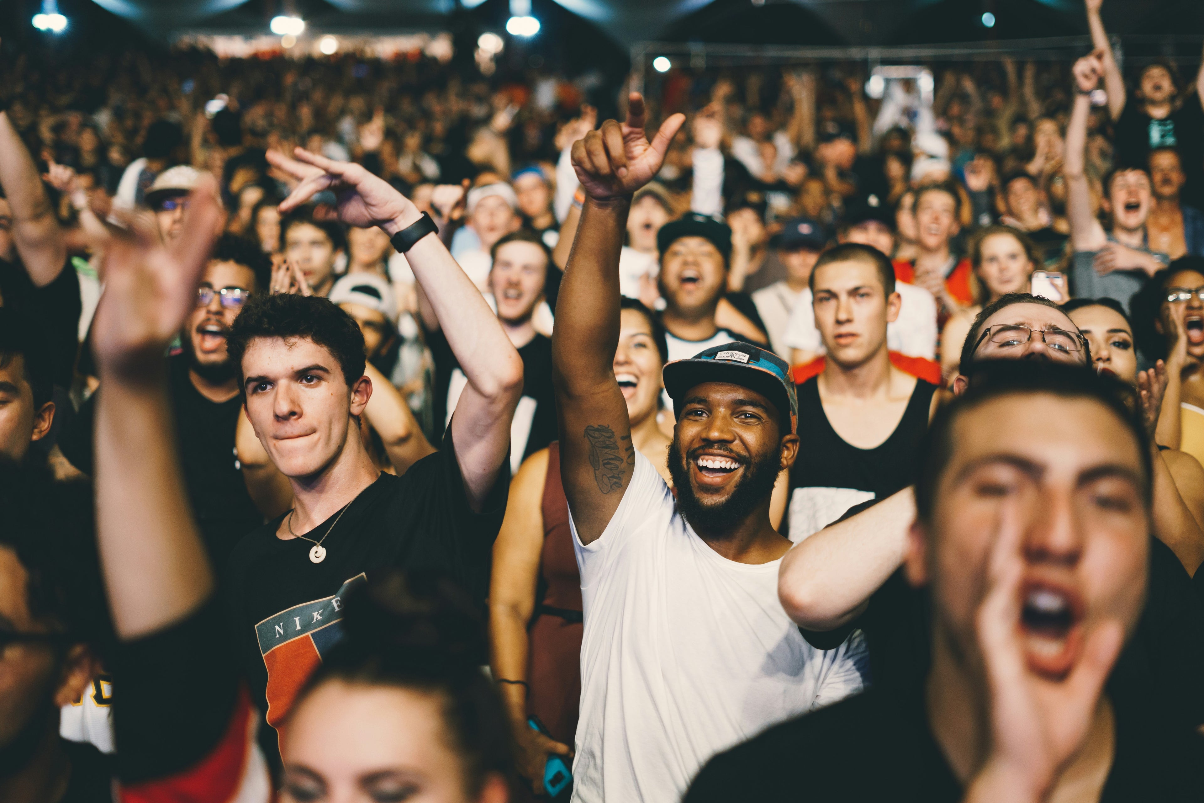 Audience at a concert with raised hands, showing excitement.