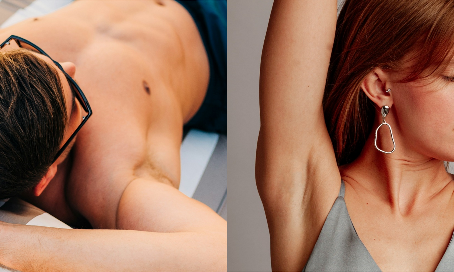 A split image showing a man with trimmed underarm hair on the left and a woman with shaved underarm hair on the right.