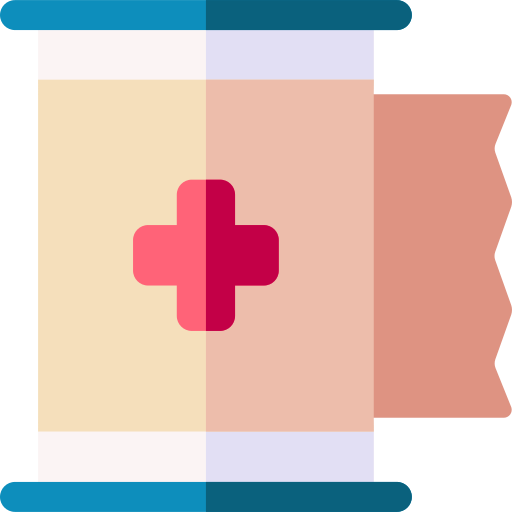 A stylized icon of a roll of medical adhesive tape with a red cross on it.
