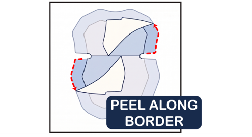 Instruction graphic showing a peel-off Liner layer with arrows indicating removal direction and a dark blue label that reads 'PEEL ALONG BORDER'.