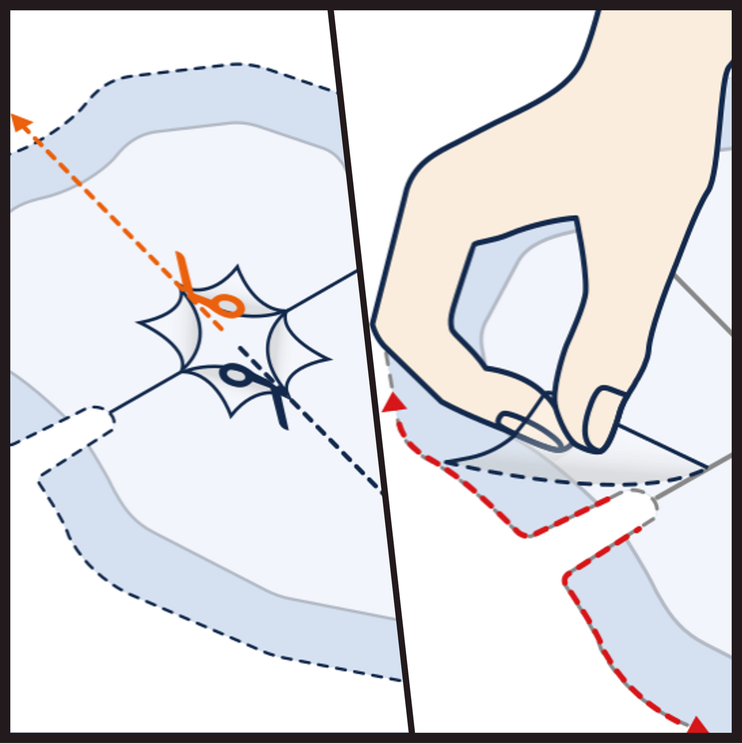 Two-step instructional diagram for an underarm patch. Left frame shows cutting outward vertically from the center with scissors along dashed guidelines; right frame shows a hand peeling off a quartered segment of the backing liner layer.