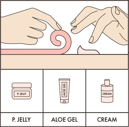 An illustration showing how to use petroleum jelly, aloe gel, or a moisturizer to soften adhesive for easy removal of an underarm patch from the skin.