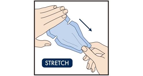 An illustration demonstrating how to stretch an underarm patch along the skin, away from the center while supporting the patch as one of the removal methods.