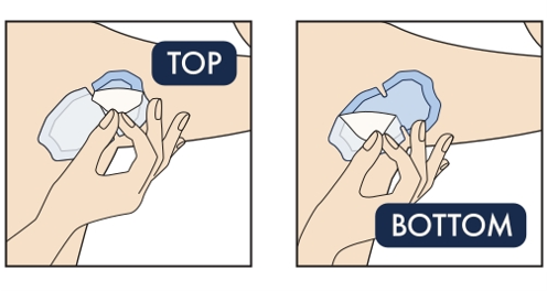 Diagram showing how to remove the top and bottom outer liners from an underarm sweat patch during application.