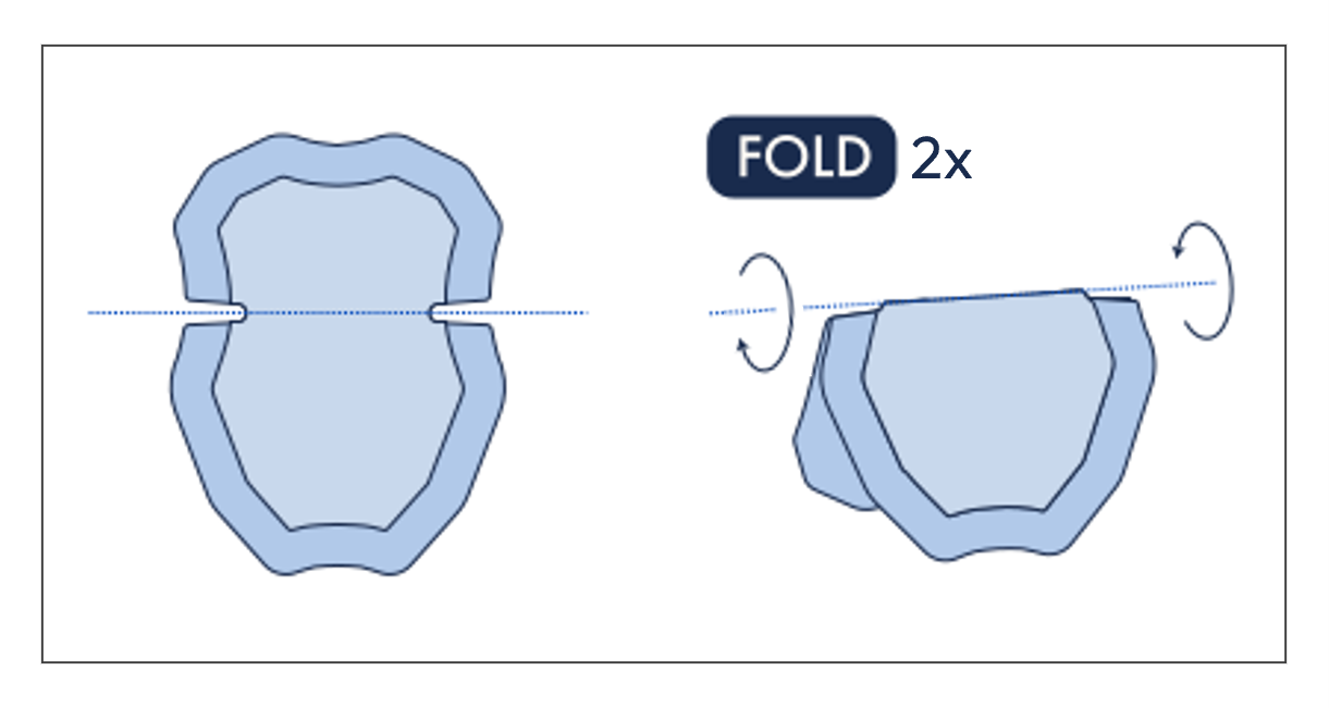 Diagram of an underarm patch showing a user folding it in half along the side notch cutouts in both directions before application.