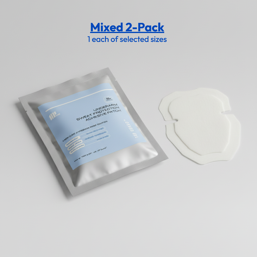 The Discovery Kit mixed 2-pack for armpit sweat patches, showing one sealed foil pouch and one sample patch.