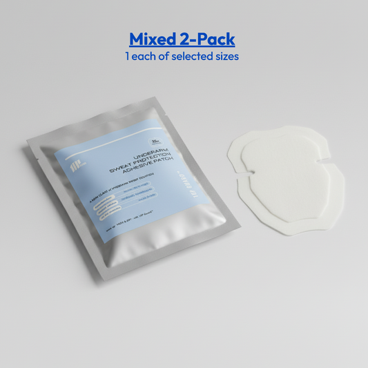 The Discovery Kit mixed 2-pack for armpit sweat patches, showing one sealed foil pouch and one sample patch.