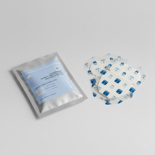 A product photo of the Discovery Kit, a Mixed 2-pack of armpit sweat patches, shown with its silver pouch packaging and 2 patches in different sizes.