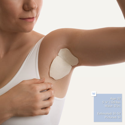 A woman wearing white tank top shows an adhesive underarm patch applied to her armpit. A small blue text box lists the model's age, height, weight, waist, and estimated/pictured sizes.
