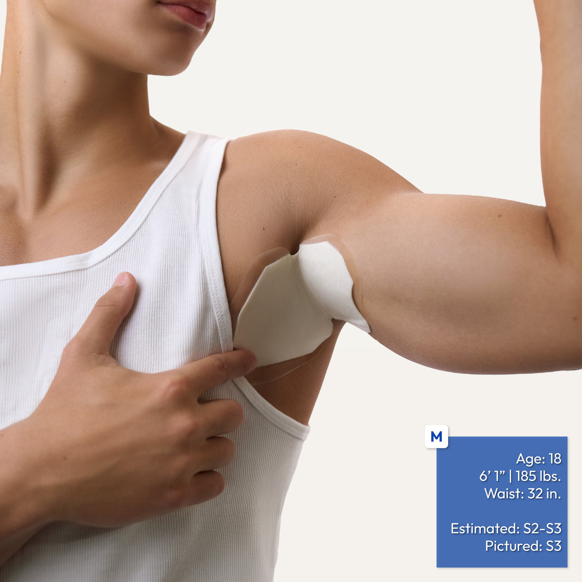 A close-up of a person wearing a white ribbed tank top and demonstrating an underarm patch. A blue text box on the bottom right lists estimated body measurements and sizing information.