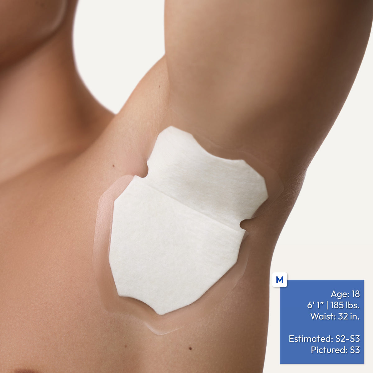 A close-up of a person's underarm wearing a white adhesive patch, with a blue text box in the lower right showing estimated body measurements and sizing information.