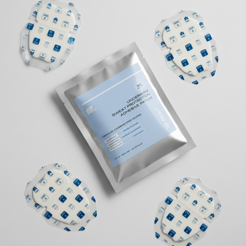 A product photo of the Moment Kit, a 4-pack of armpit sweat patches, shown with its silver pouch packaging and 4 patches of the same size.