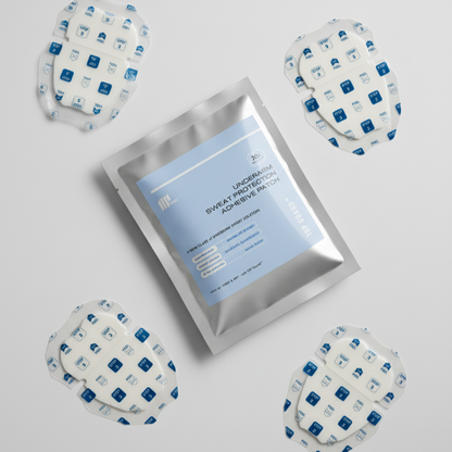 A product photo of the Moment Kit, a 4-pack of armpit sweat patches, shown with its silver pouch packaging and 4 patches of the same size.