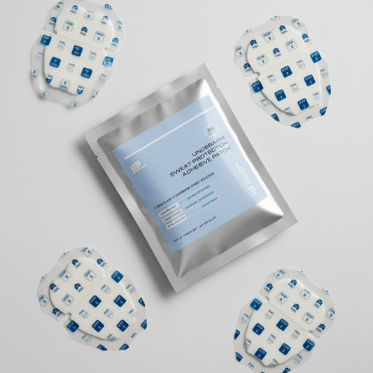 A product photo of the Moment Kit, a 4-pack of armpit sweat patches, shown with its silver pouch packaging and 4 patches of the same size.