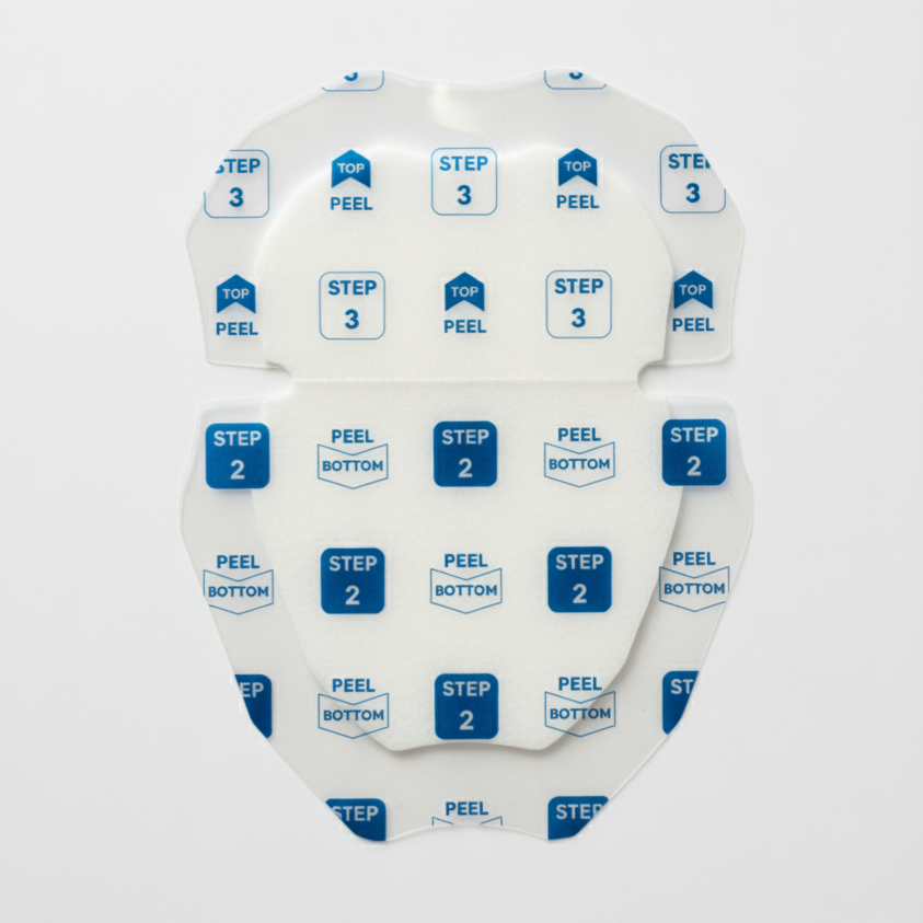 A close-up shot of the patch's inner liner, labeled with "STEP 2" and "STEP 3" to guide users on how to peel and apply the product.