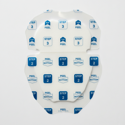 A close-up shot of the patch's inner liner, labeled with "STEP 2" and "STEP 3" to guide users on how to peel and apply the product.