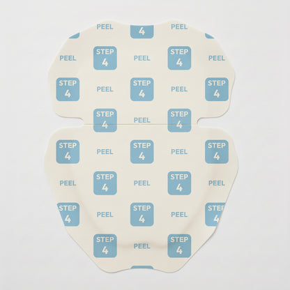 A close-up shot of the patch's Paper Outer Liner, labeled with "STEP 4" to guide users on how to peel and apply the product.