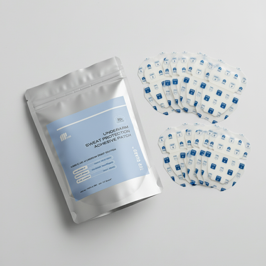 A product photo of the Reserve Kit, a 10-pack of armpit sweat patches, shown with its silver pouch packaging and 10 patches of the same size.
