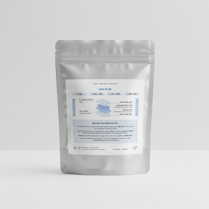 The back of the resealable product packaging, displaying an exploded view of the patch layers, a how-to-use guide, and a detailed product description.