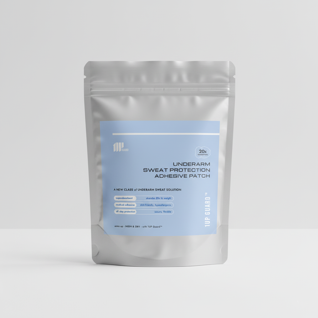 The font of the resealable silver foil packaging for the underarm sweat protection adhesive patch, showing the logo, product name, and key features.