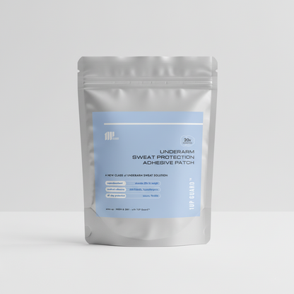 The font of the resealable silver foil packaging for the underarm sweat protection adhesive patch, showing the logo, product name, and key features.