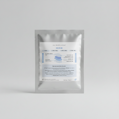 The back of the product packaging, displaying an exploded view of the patch layers, a how-to-use guide, and a detailed product description.