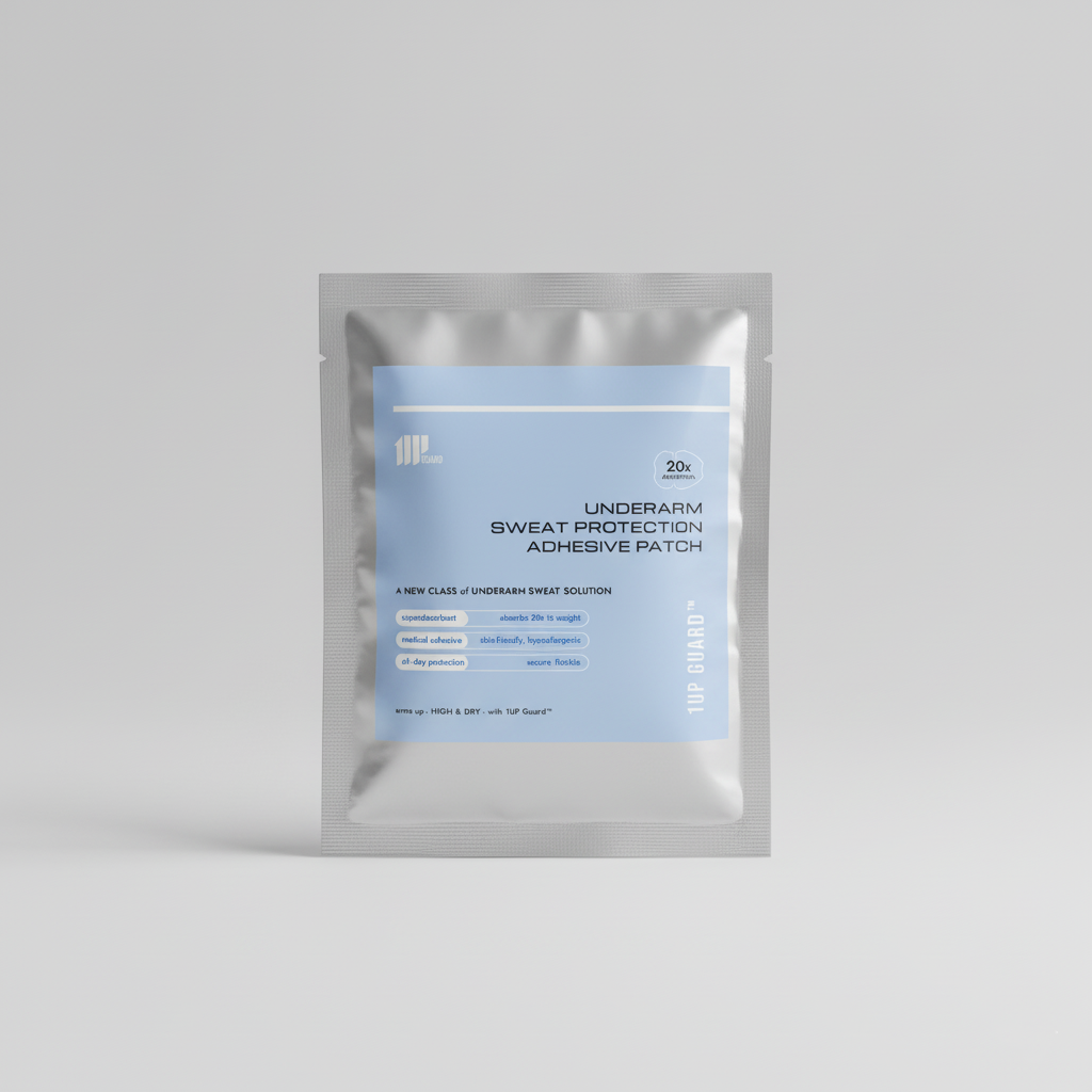 The front of the silver foil packaging for the underarm sweat protection adhesive patch, showing the logo, product name, and key features.