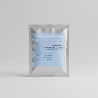 The front of the silver foil packaging for the underarm sweat protection adhesive patch, showing the logo, product name, and key features.