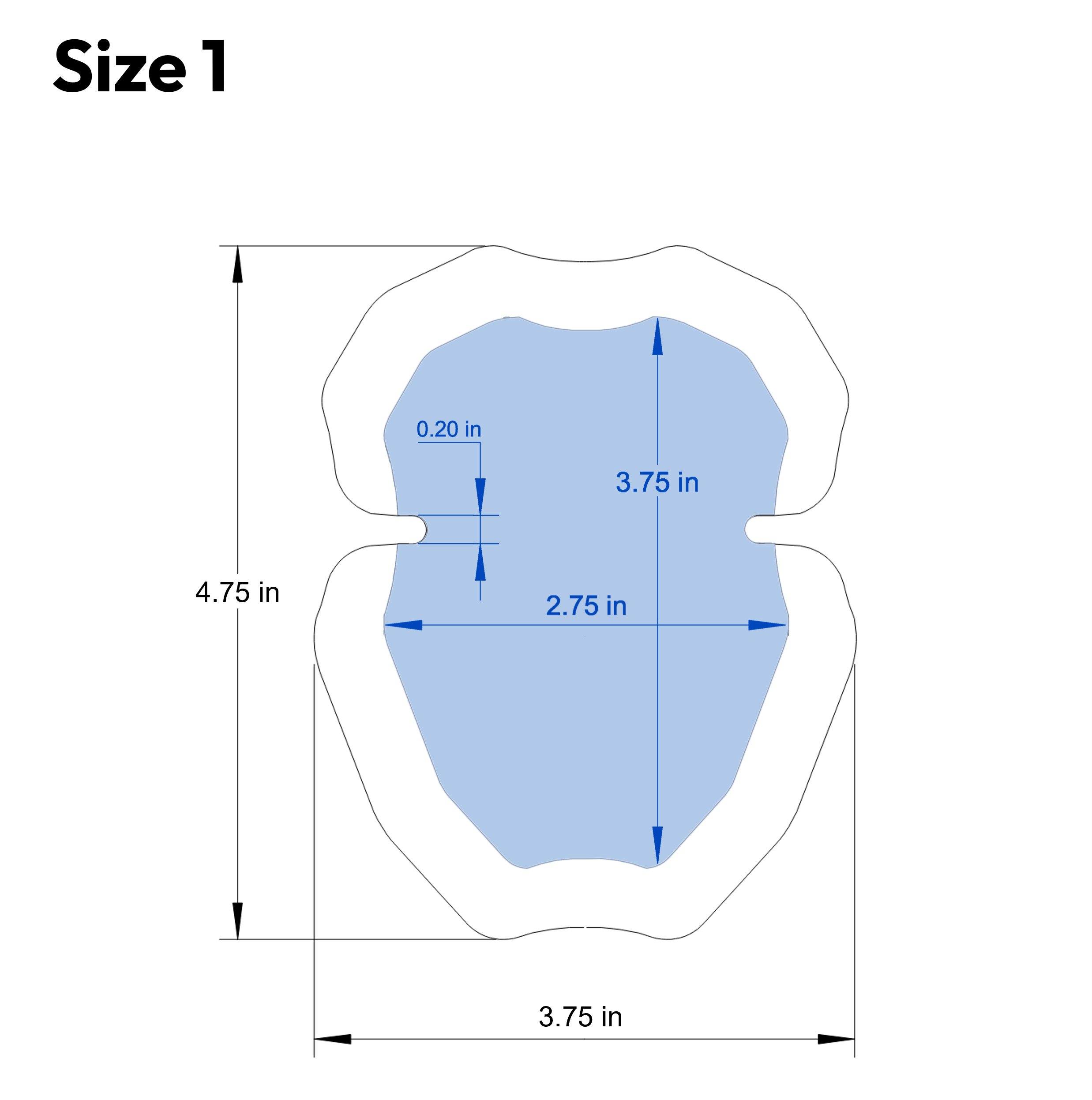 Technical drawing showing the dimensions of a Size 1 patch, with all measurements listed in inches.