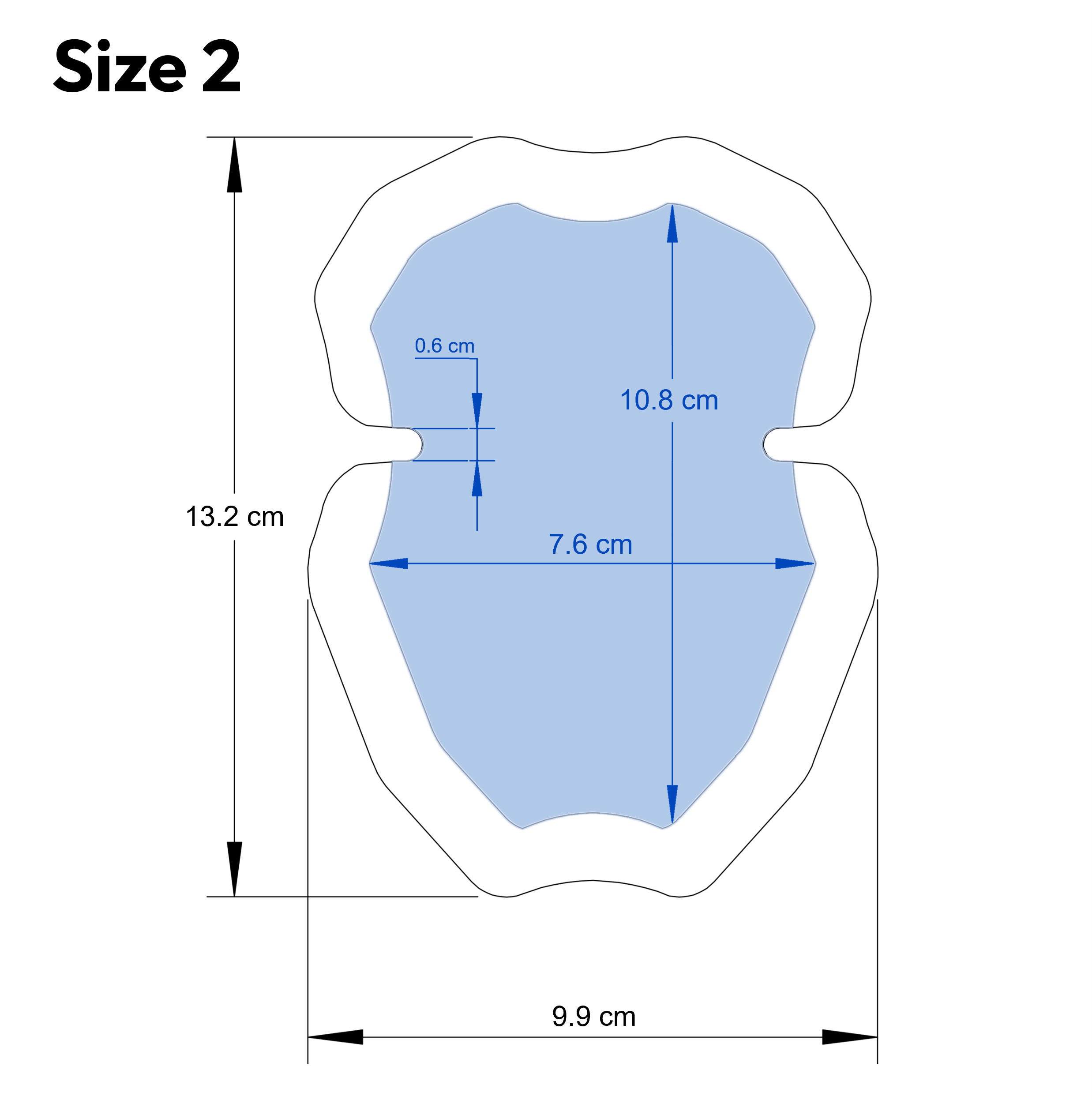 Technical drawing showing the dimensions of a Size 2 patch, with all measurements listed in centimeters.