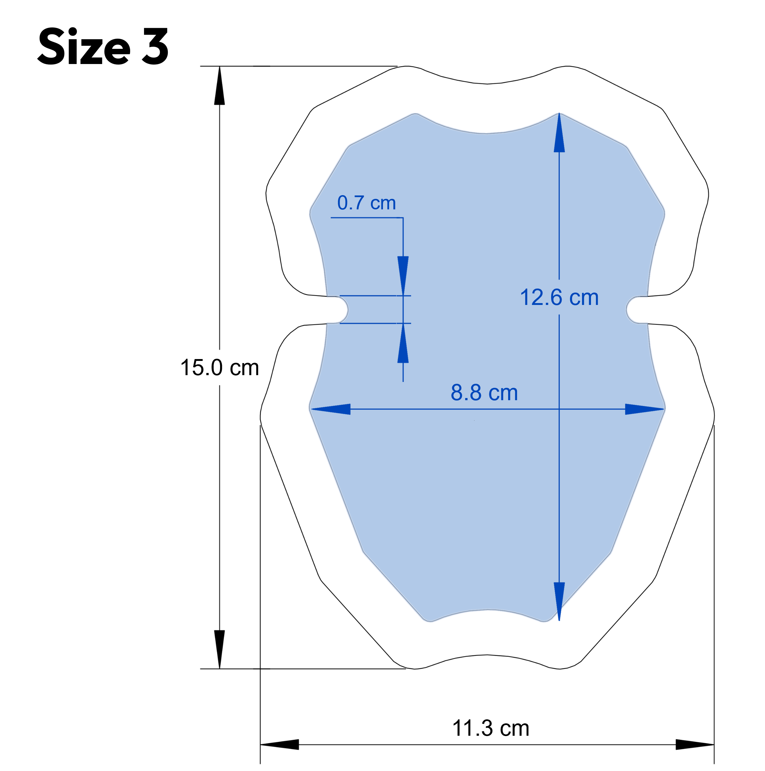 Technical drawing showing the dimensions of a Size 3 patch, with all measurements listed in centimeters.