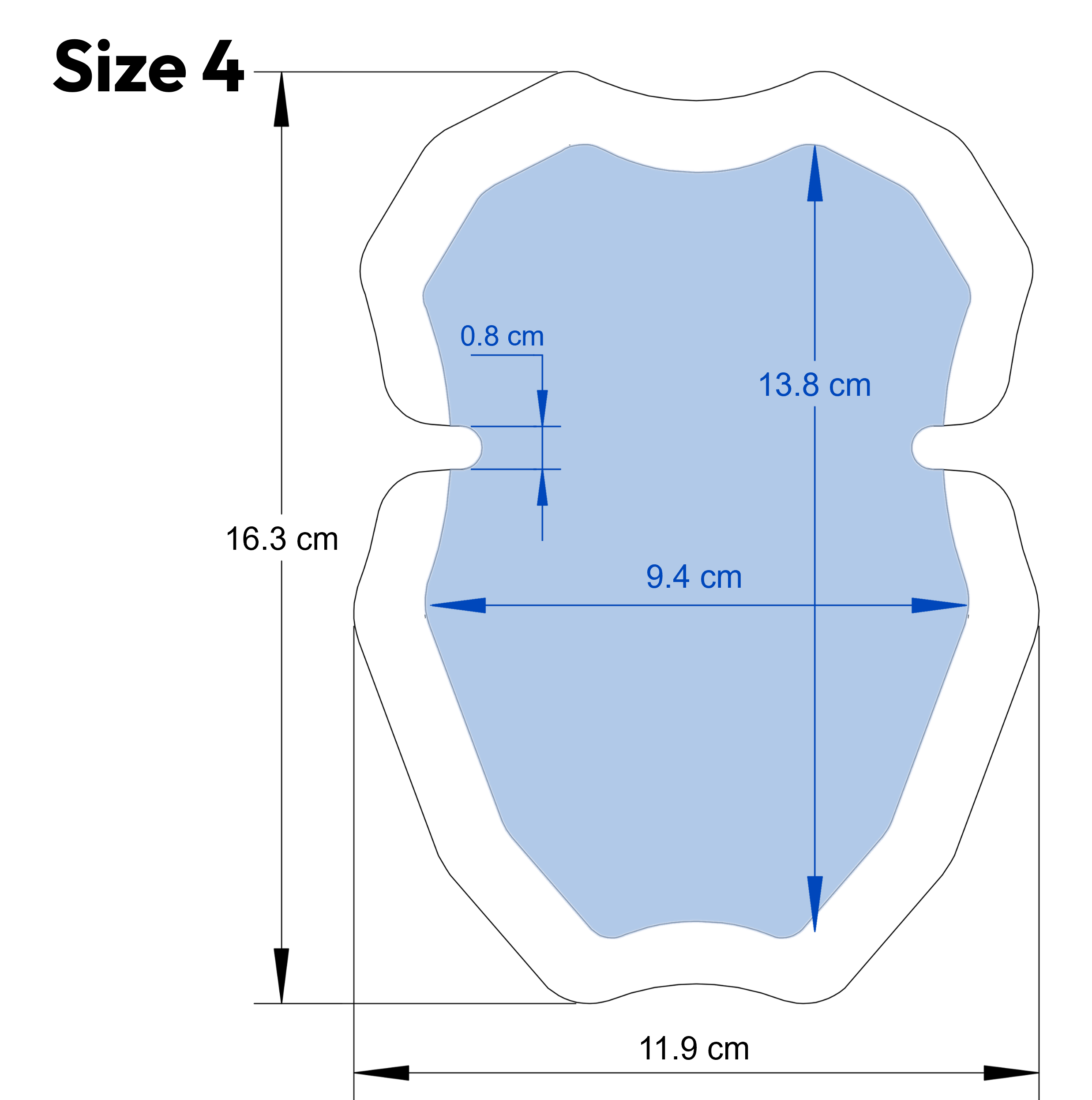 Technical drawing showing the dimensions of a Size 4 patch, with all measurements listed in centimeters.