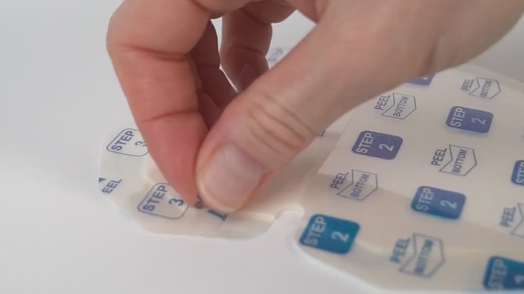 Peeling two quadrants of the clear inner liner slowly back along the adhesive border.